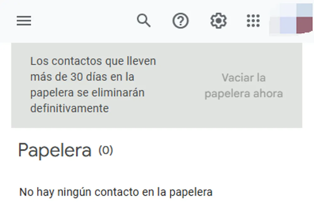 Captura de pantalla de la papelera de contactos en Google